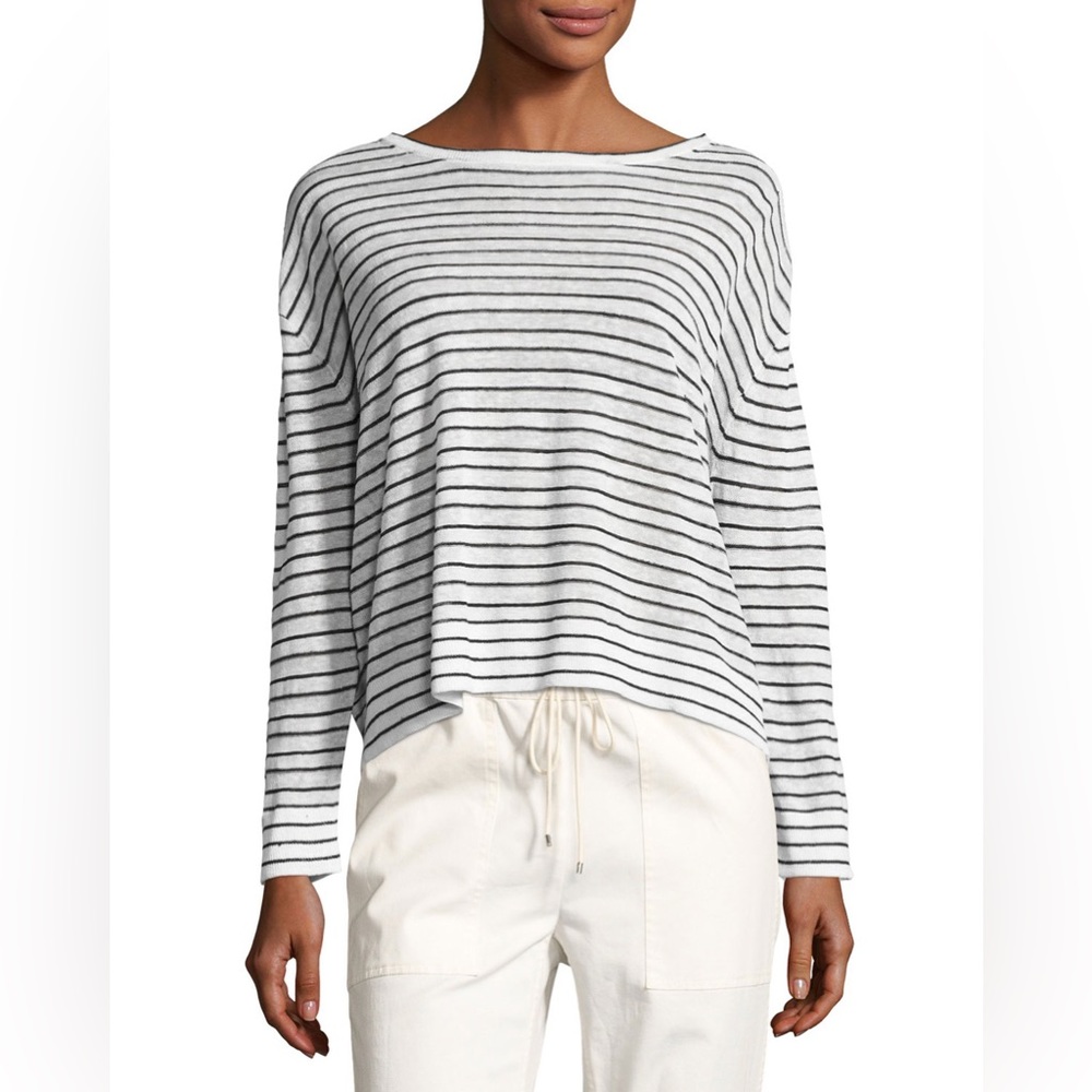 Theory Trinella Striped Linen Top, White/Black